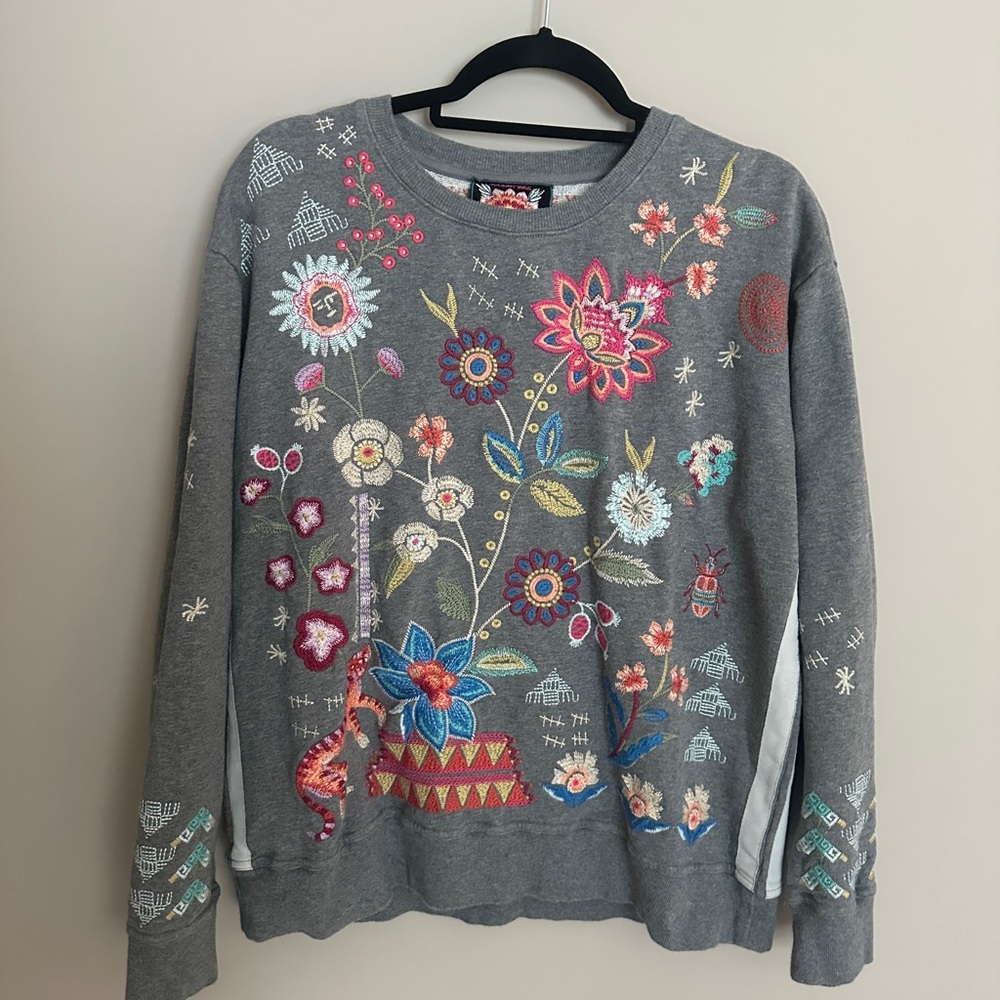 Johnny Was Multicolor Floral Embroidered Sweatshirt NWOT